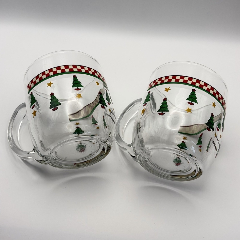 Vintage Debbie Mumm Christmas Glass Mug Set Trees Sakura Magic Of Santa 1997 USA